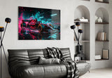Red Racer Cyan Light Streaks Glass Wall Art