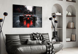 Rainy Track Red Glow Race Car Glass Wall Art