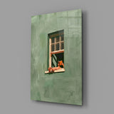 Reader on Windowsill Sage Green Glass Wall Art