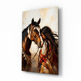 Bay Pinto Horse and Native Woman Glass Wall Art