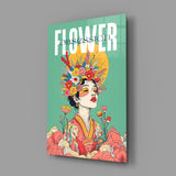 Floral Crown Woman Teal Portrait Glass Wall Art
