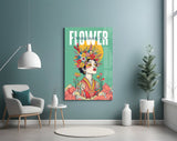 Floral Crown Woman Teal Portrait Glass Wall Art