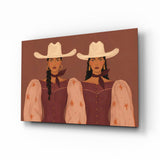 Two Cowgirls in Maroon Western Glass Wall Art