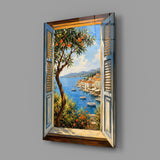 Coastal Village Window View Glass Wall Art