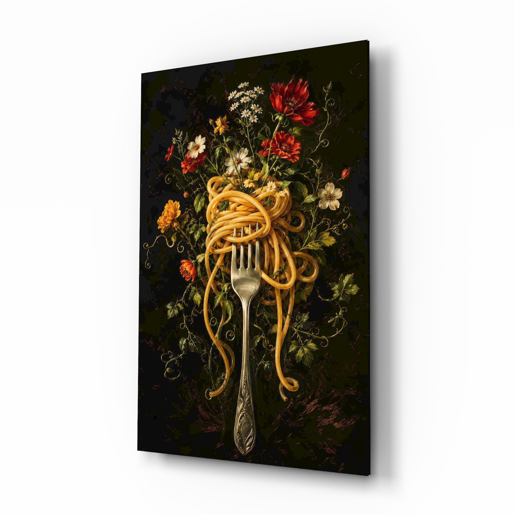 Spaghetti Fork and Wildflowers Glass Wall Art