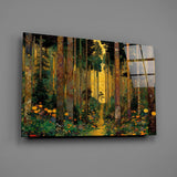 Golden Forest Path Ornamented Tree Trunks Glass Wall Art