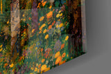 Golden Forest Path Ornamented Tree Trunks Glass Wall Art