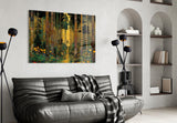Golden Forest Path Ornamented Tree Trunks Glass Wall Art