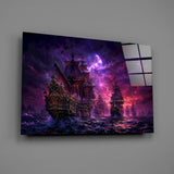 Pirate Galleon Fleet Crimson Purple Sky Glass Wall Art