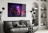 Pirate Galleon Fleet Crimson Purple Sky Glass Wall Art