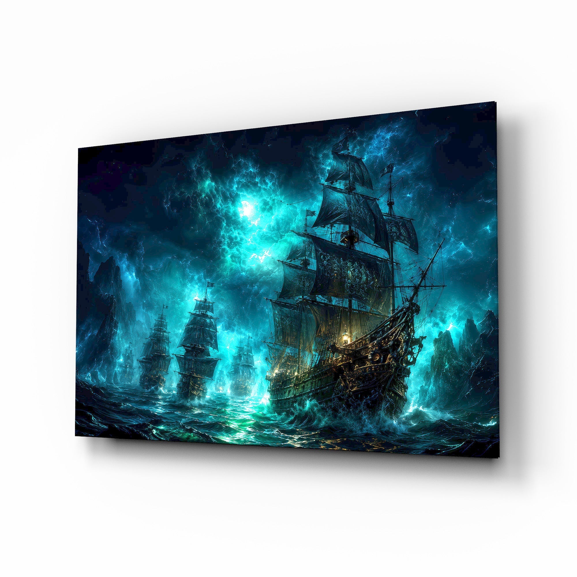 Ghost Pirate Ships Glowing Teal Storm Glass Wall Art
