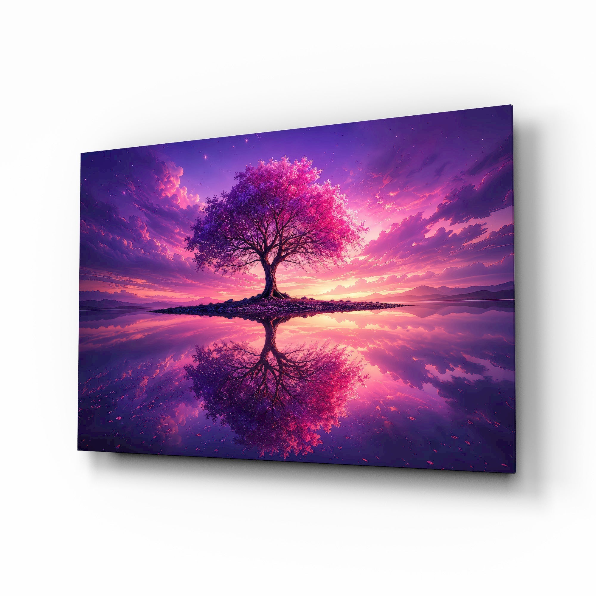 Violet Blossom Tree Twilight Reflection Glass Wall Art