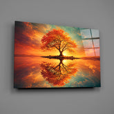 Autumn Amber Tree Sunset Reflection Glass Wall Art