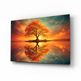 Autumn Amber Tree Sunset Reflection Glass Wall Art