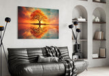 Autumn Amber Tree Sunset Reflection Glass Wall Art
