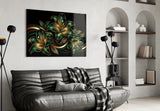 Emerald and Gold Lilies Black Glass Wall Art