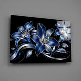 Sapphire Blue and Silver Lilies Glass Wall Art