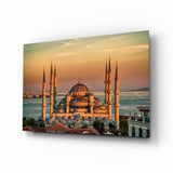 Golden Sunset Six-Minaret Mosque Glass Wall Art