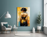 Golden Grace Woman in Black and Gold Gown Glass Wall Art