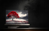 RED MAPLE TREE BY A MISTY LAKE Glass Wall Art