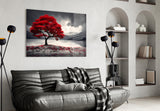 RED MAPLE TREE BY A MISTY LAKE Glass Wall Art