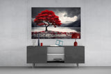 RED MAPLE TREE BY A MISTY LAKE Glass Wall Art