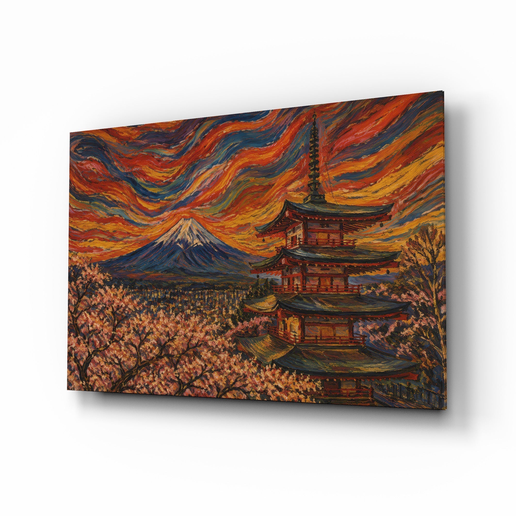 Mount Fuji Pagoda Munch Style Glass Wall Art
