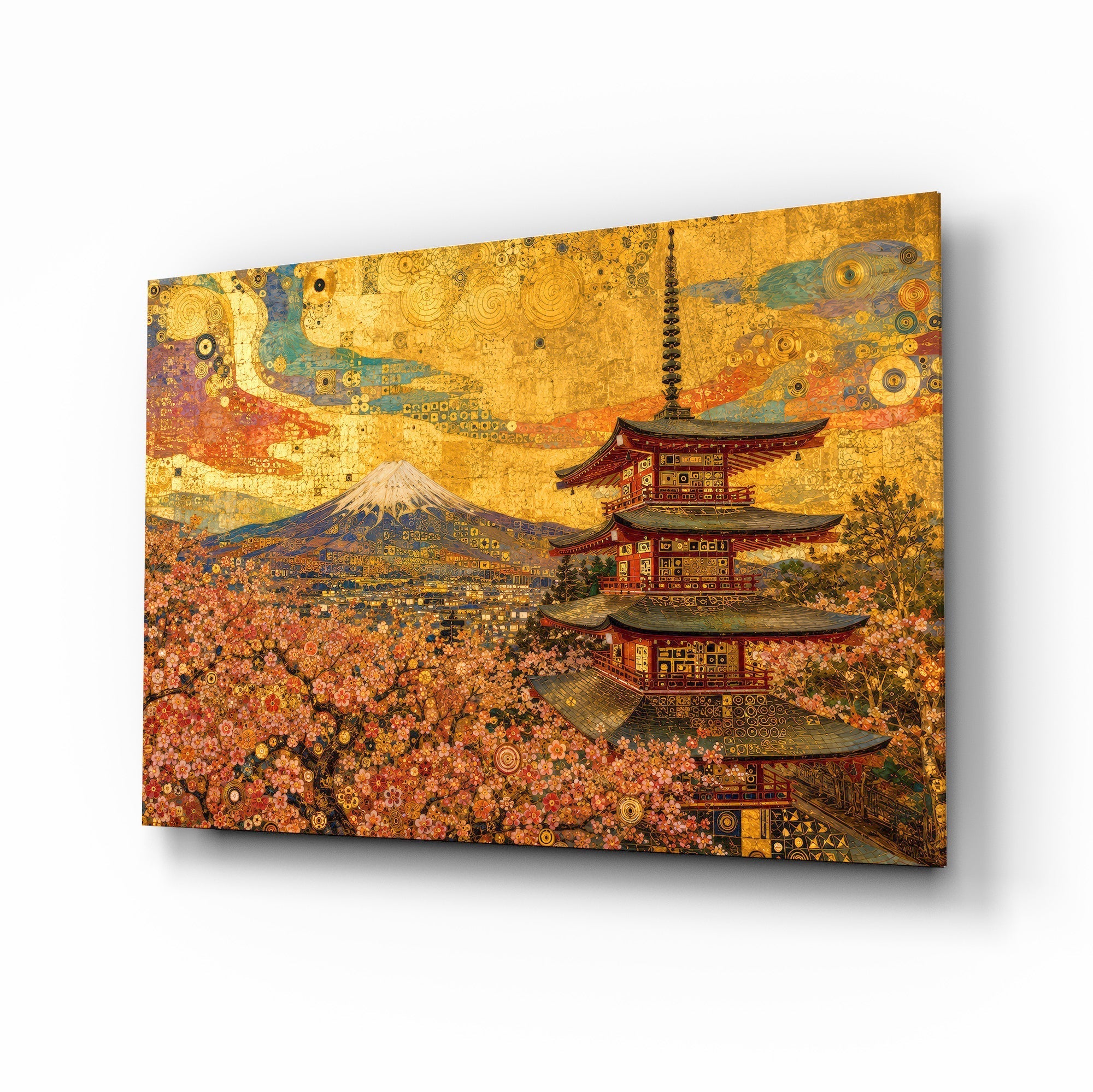 Mount Fuji Pagoda Klimt Style Glass Wall Art