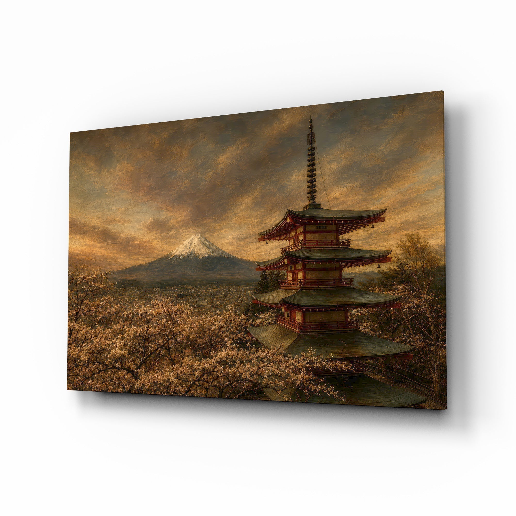 Mount Fuji Pagoda Da Vinci Style Glass Wall Art