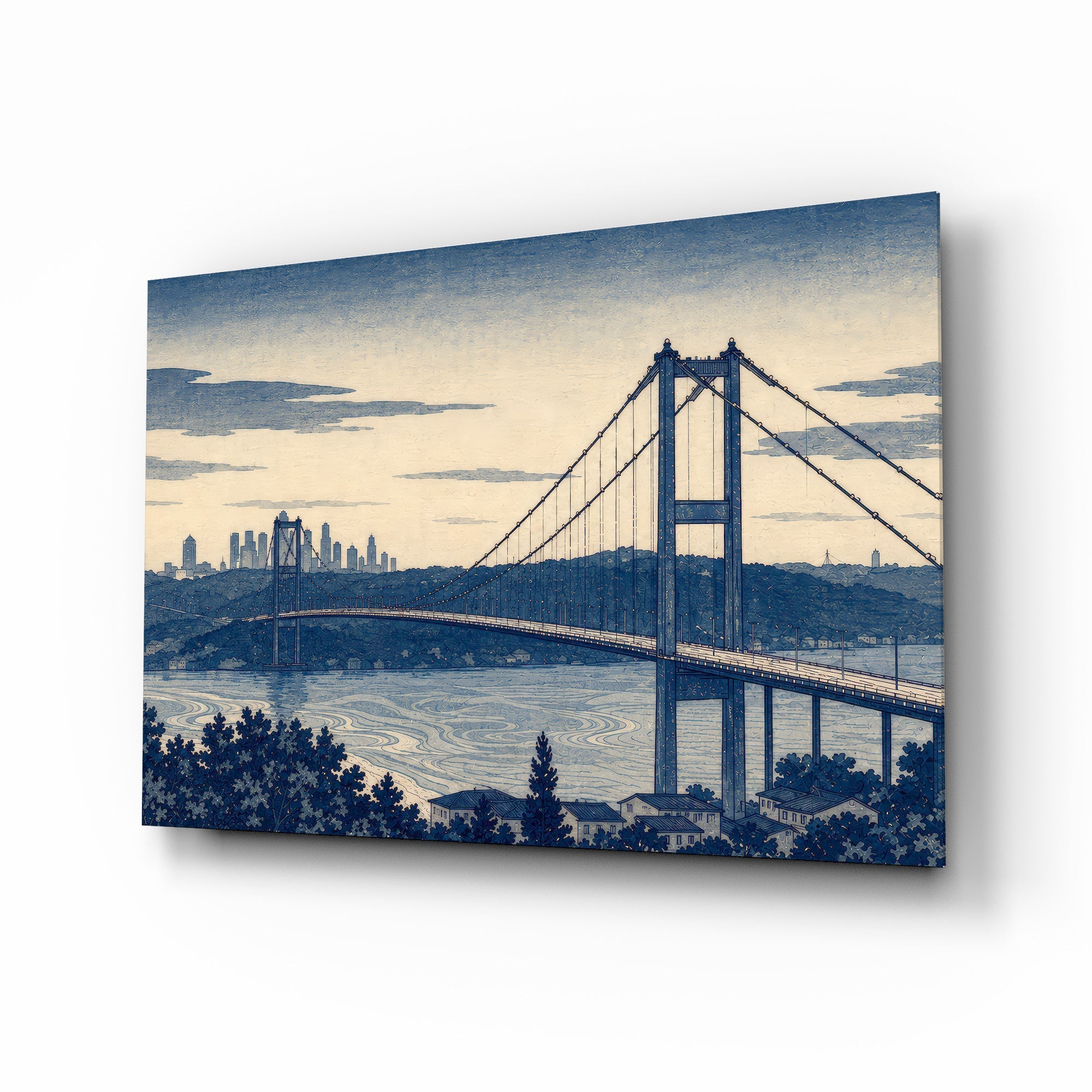 Istanbul Bosphorus Bridge Hokusai Style Glass Wall Art