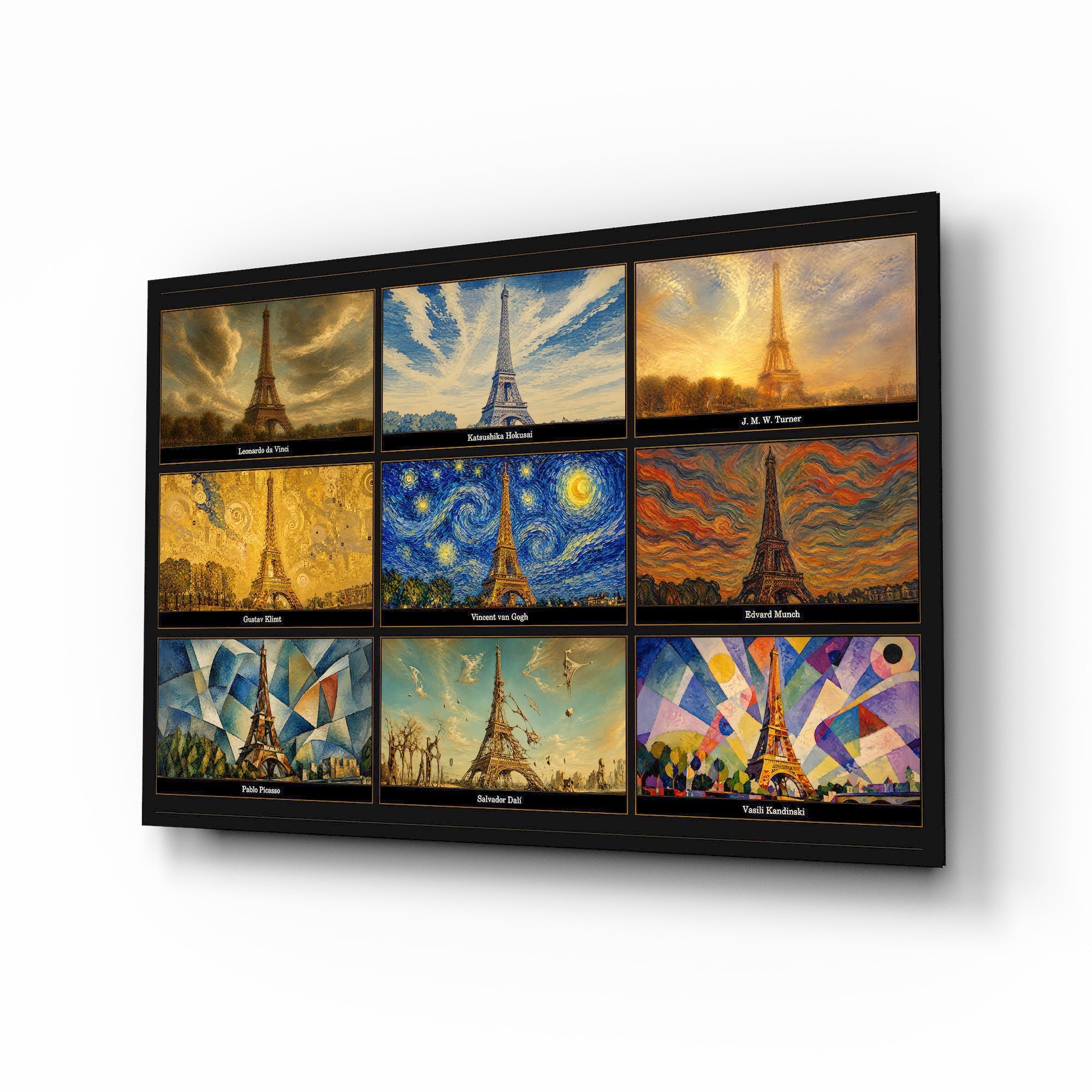 Eiffel Tower Nine Painting Styles Collage Glass Wall Art