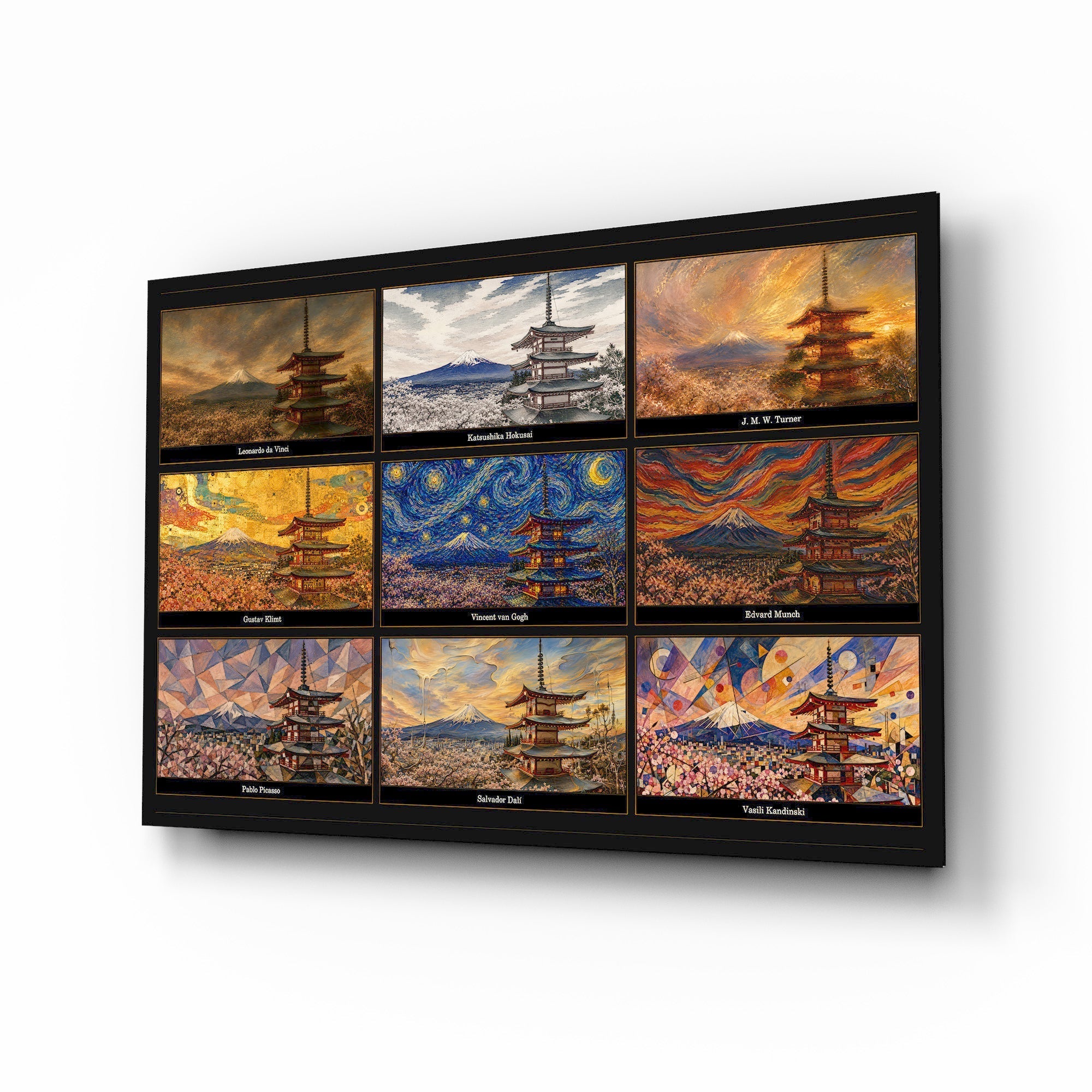 Mount Fuji Nine Painting Styles Collage Glass Wall Art