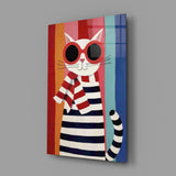 Striped Cat in Red Sunglasses Naive Art Glass Wall Art