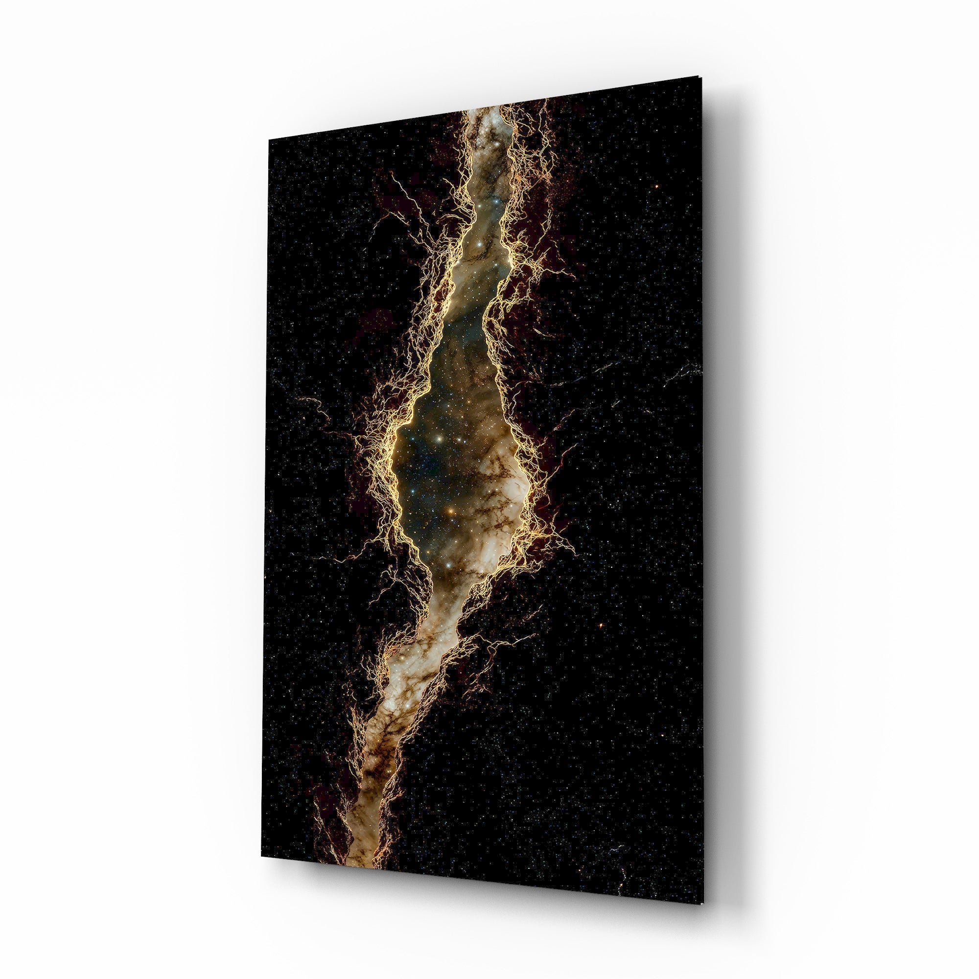 Golden Rift Lightning Nebula Glass Wall Art