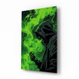 Hooded Figure Neon Green Smoke Glass Wall Art