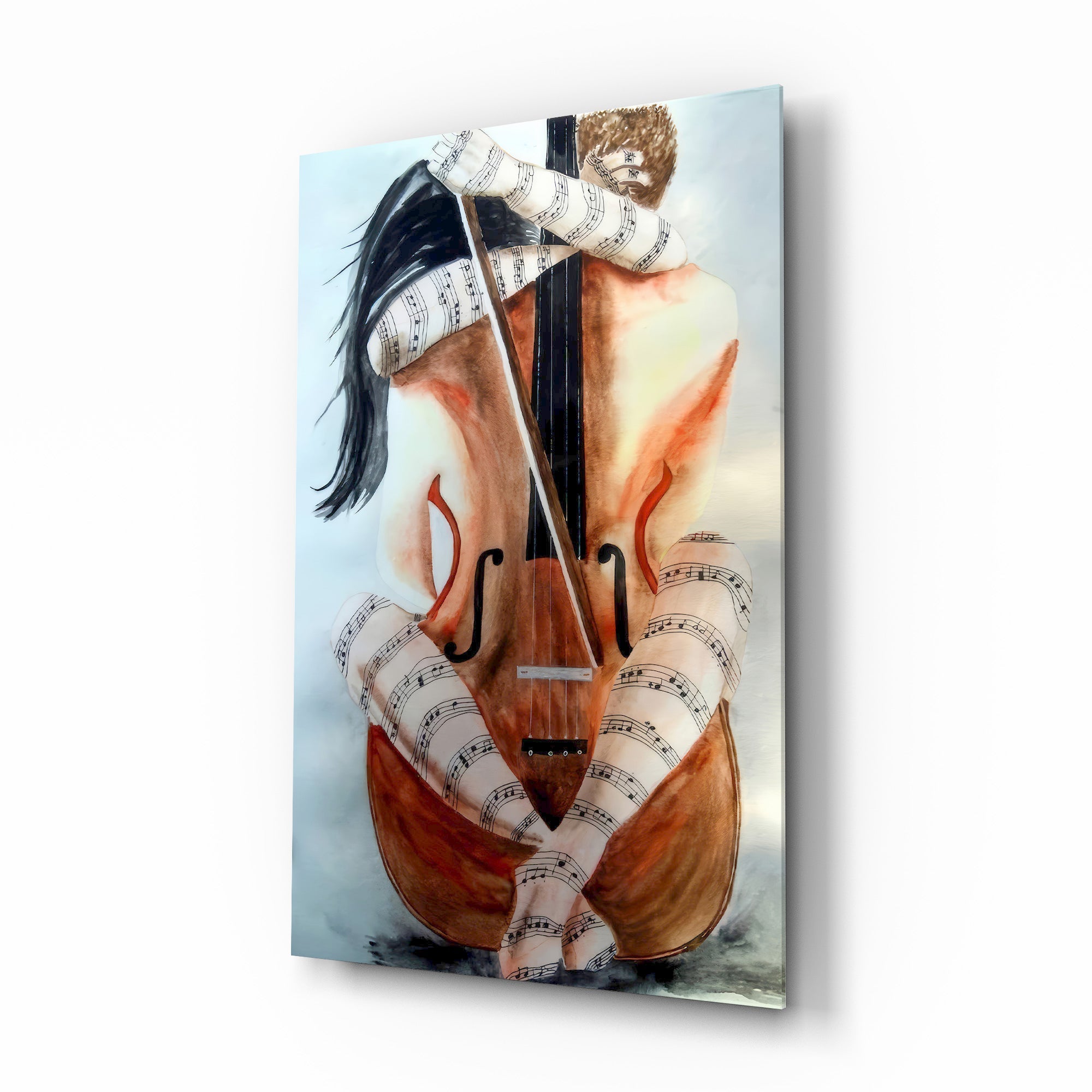 Sheet Music Cello Woman Watercolour Glass Wall Art