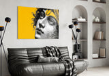 Classical Statue Face on Yellow Pop Art Glass Wall Art