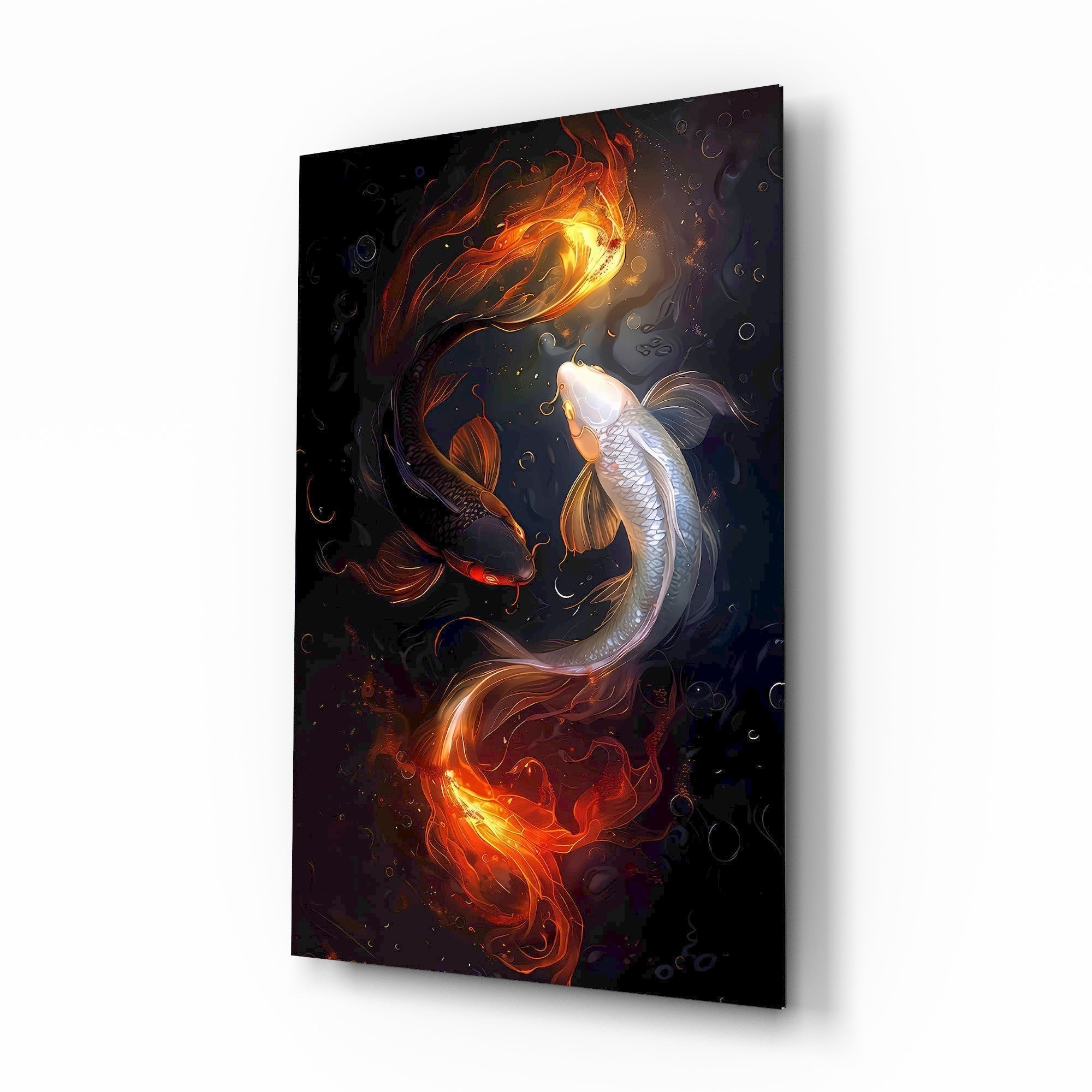 Fire and Silver Koi Yin Yang Glass Wall Art