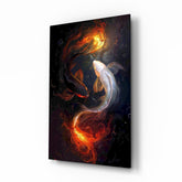 Fire and Silver Koi Yin Yang Glass Wall Art