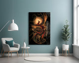 Rising Phoenix with Golden Moon Glass Wall Art