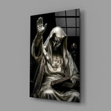 Silver Masked Oracle with Book Dark Glass Wall Art