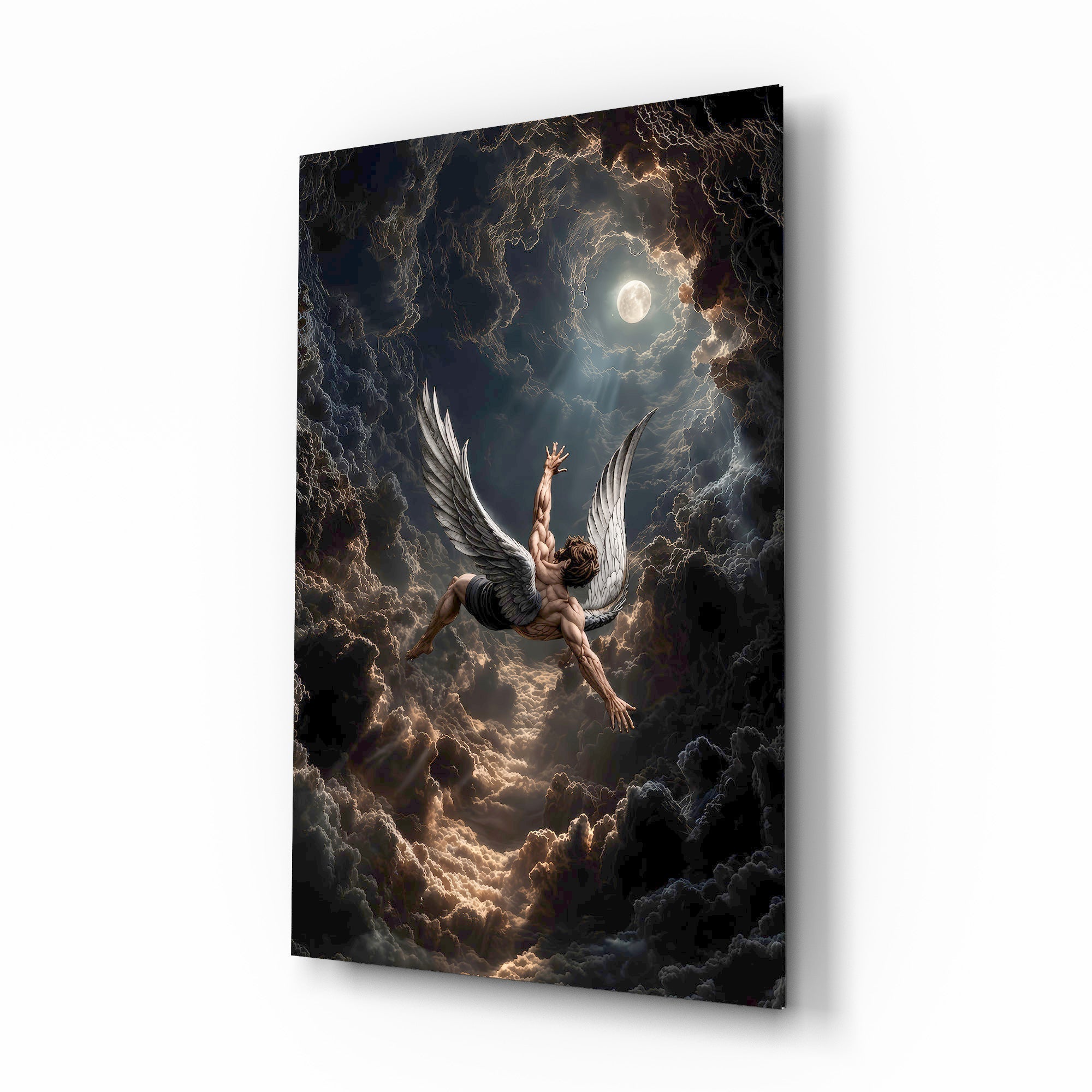 Icarus Falling Through Moonlit Clouds Glass Wall Art