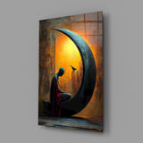 Solitary Figure on a Crescent Moon Surreal Glass Wall Art