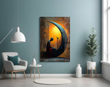 Solitary Figure on a Crescent Moon Surreal Glass Wall Art