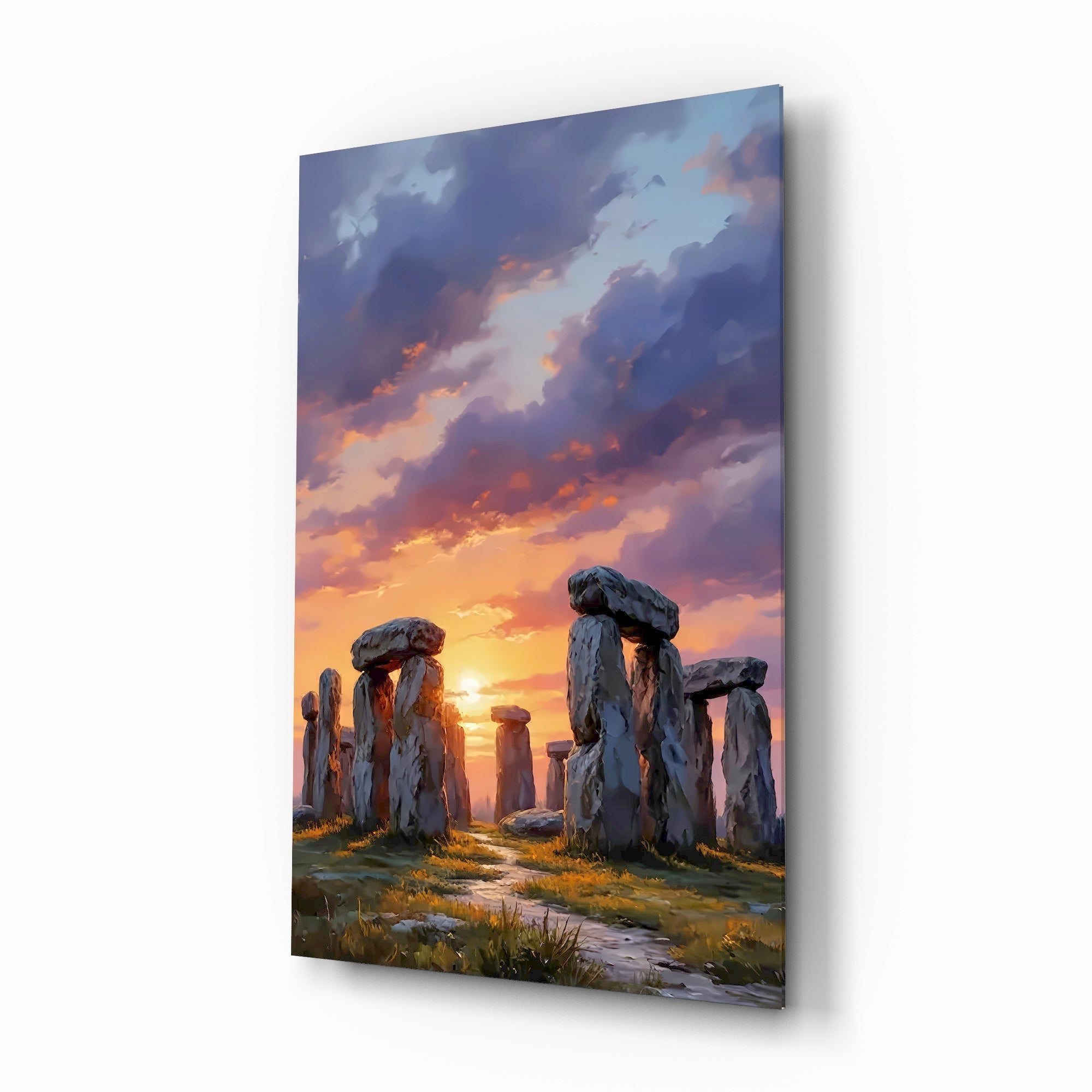 Stonehenge at Sunset Painterly Landscape Glass Wall Art
