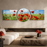 Red Poppy Field Blue Sky 3 Piece Glass Wall Art