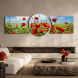 Red Poppy Field Blue Sky 3 Piece Glass Wall Art