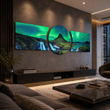Green Aurora Mountain Night 3 Piece Glass Wall Art