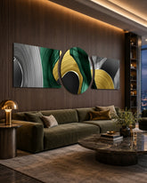 Emerald Gold Brushstroke Swirls 3 Piece Glass Wall Art