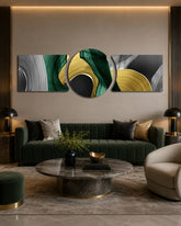 Emerald Gold Brushstroke Swirls 3 Piece Glass Wall Art